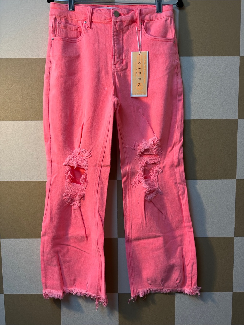 Risen Pink Distressed Wide-Leg Jeans